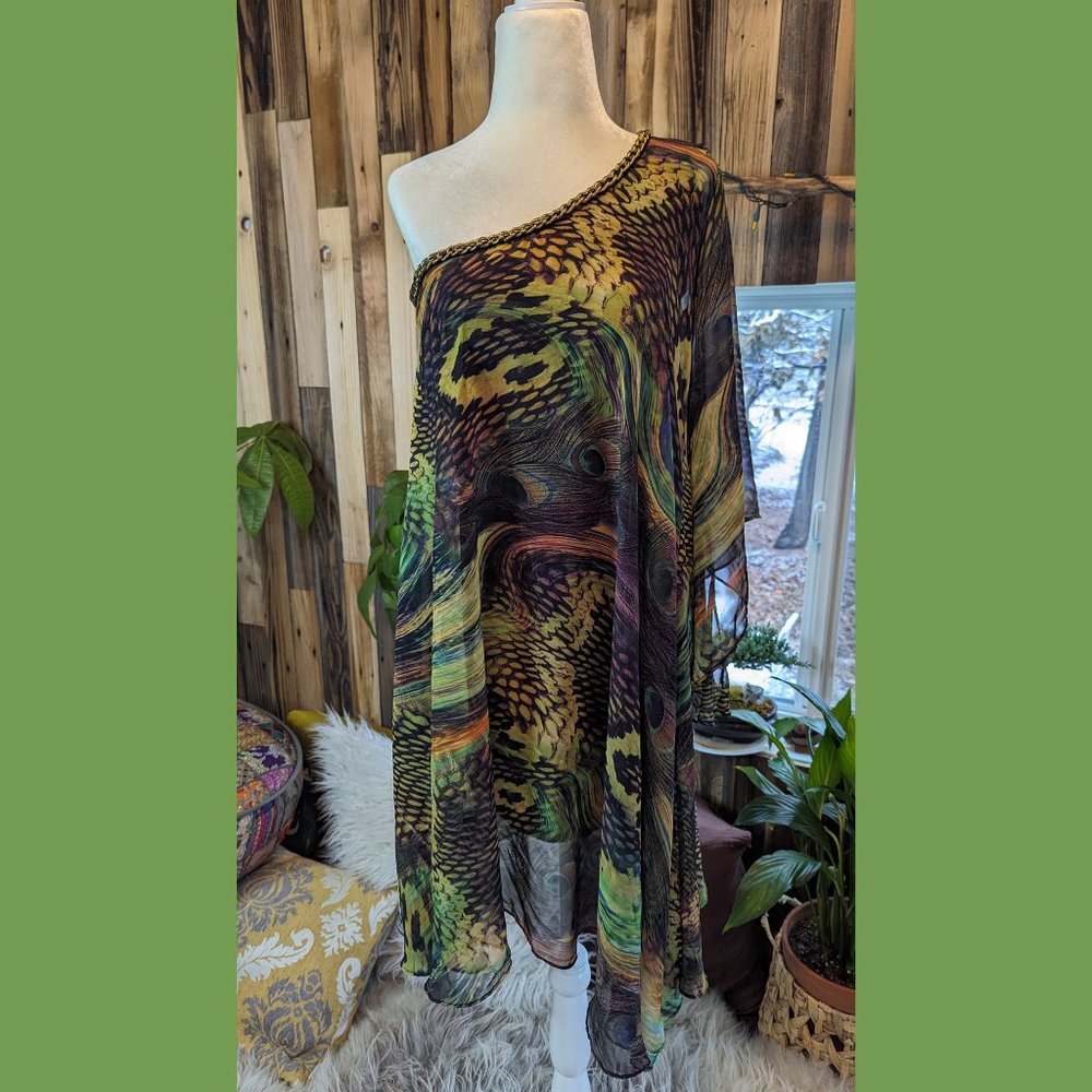 Off Shoulder Peacock Pattern Flowy Dress